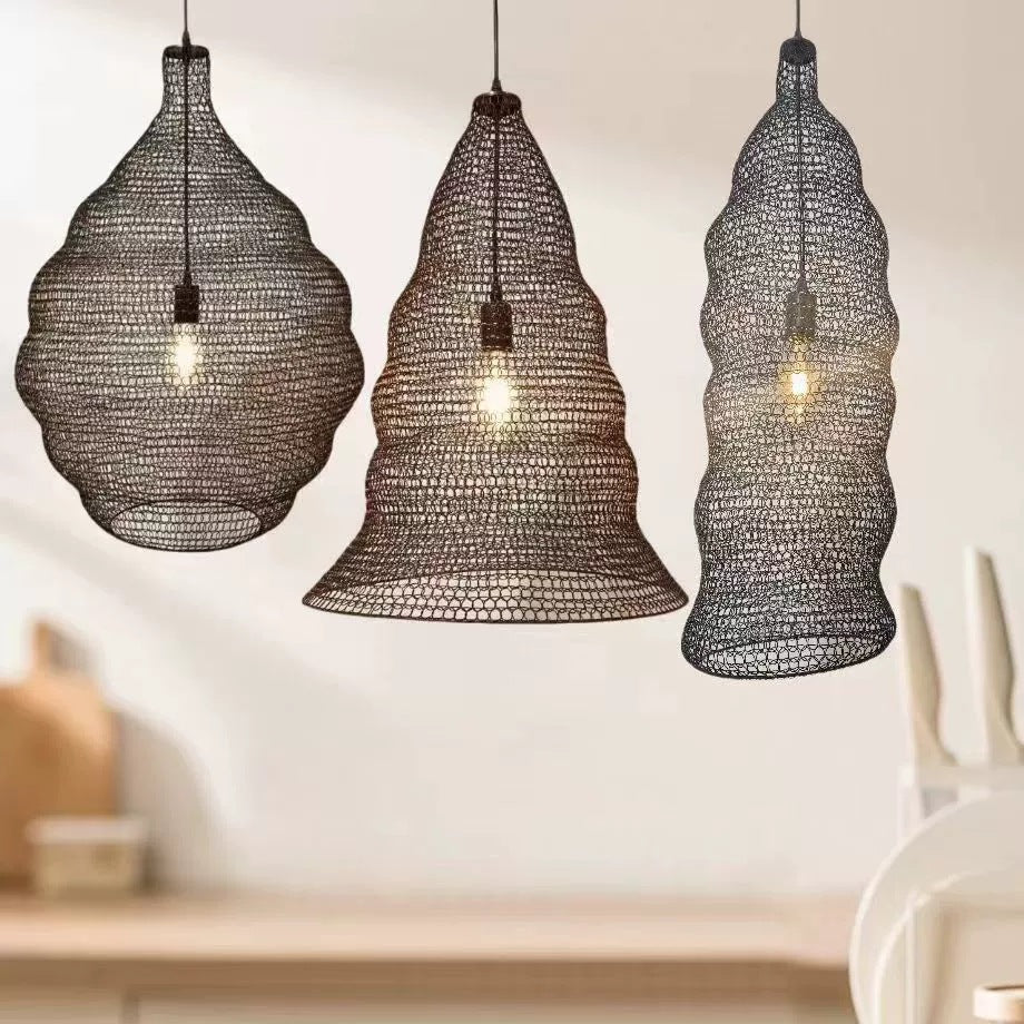 Aged Iron Mesh Lantern Chandelier / Monochromatic Light Bulb / Black B Type